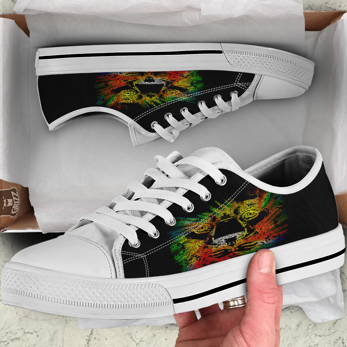 Rasta Lion Grunge Print White Low Top Shoes-grizzshop