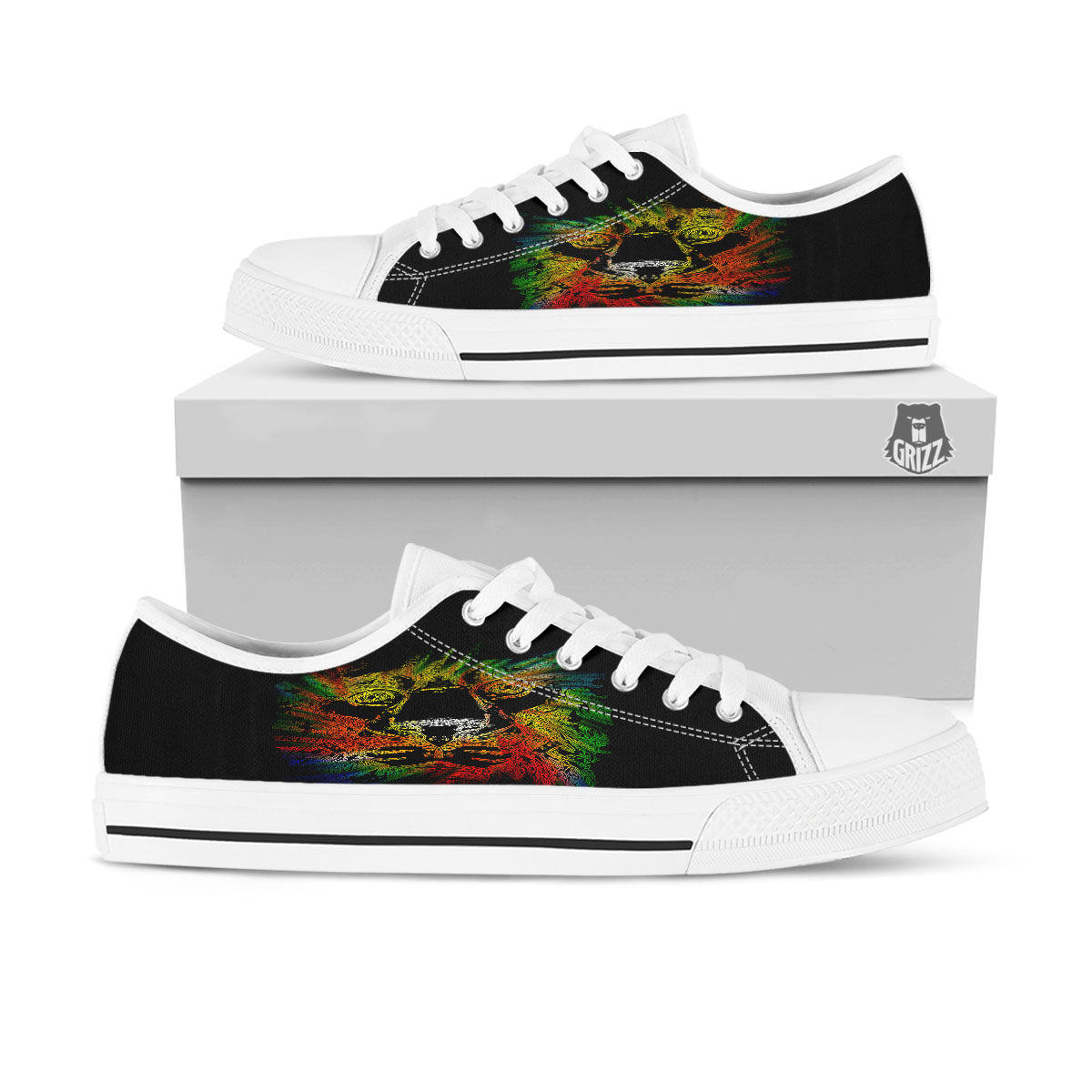 Rasta Lion Grunge Print White Low Top Shoes-grizzshop