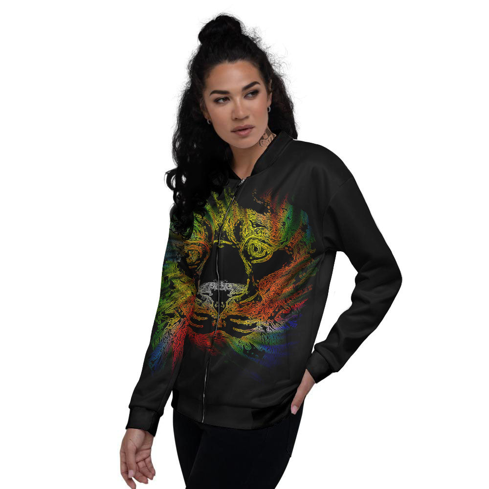 Rasta Lion Grunge Print Women's Bomber Jacket-grizzshop
