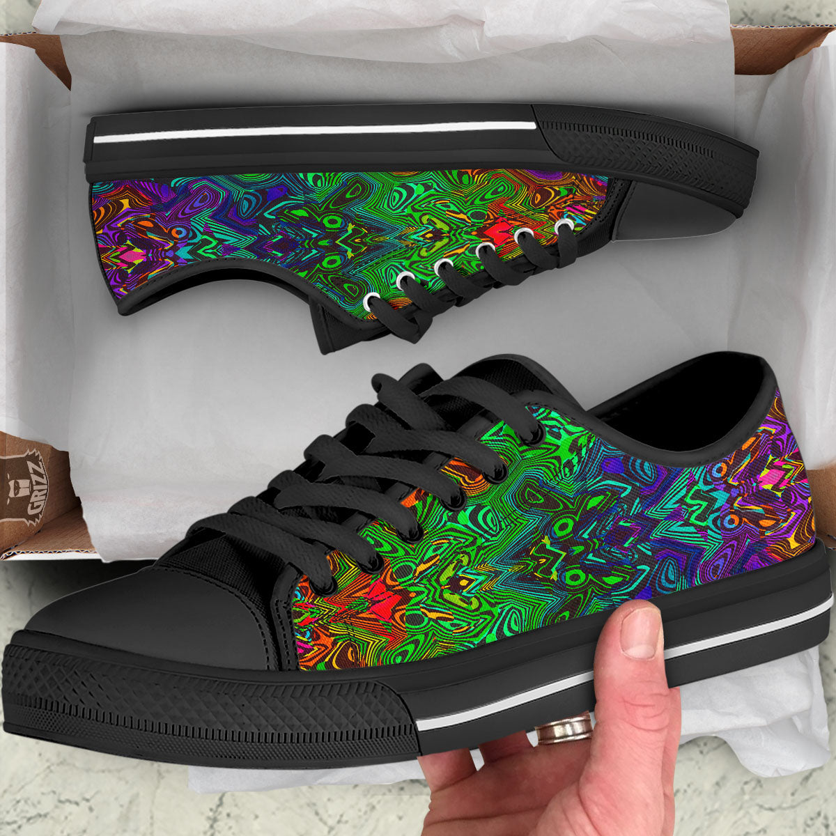 Rave Psychedelic Print Pattern Black Low Top Shoes-grizzshop