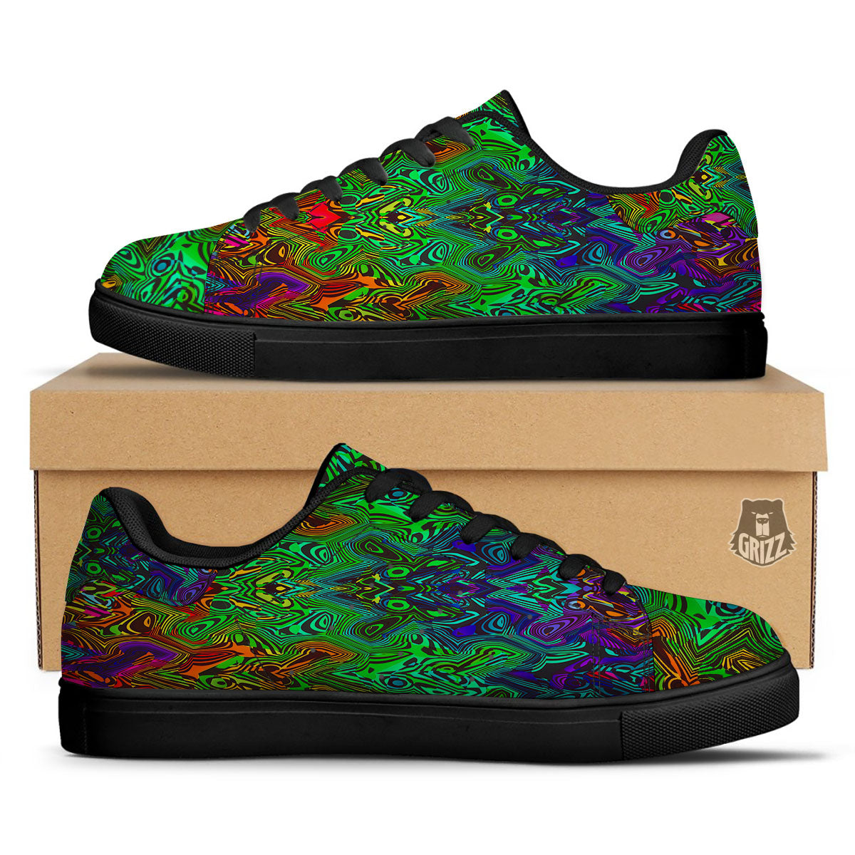 Rave Psychedelic Print Pattern Black Low Top Sneakers-grizzshop