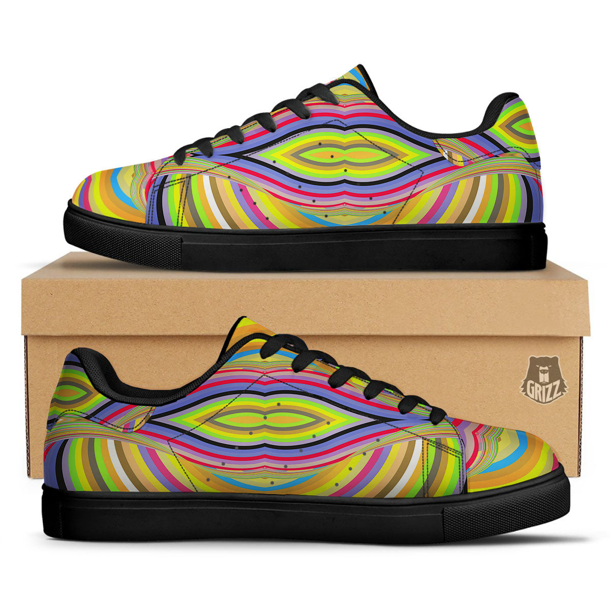 Rave Rainbow Print Pattern Black Low Top Sneakers-grizzshop
