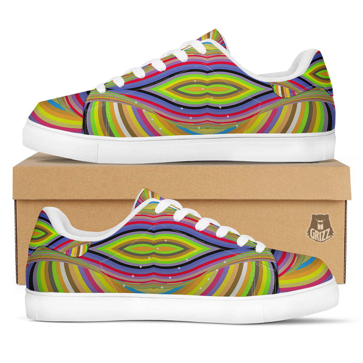 Rave Rainbow Print Pattern White Low Top Sneakers-grizzshop