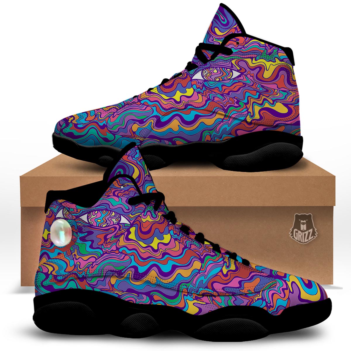 Rave Trippy Print Black Basketball Shoes-grizzshop