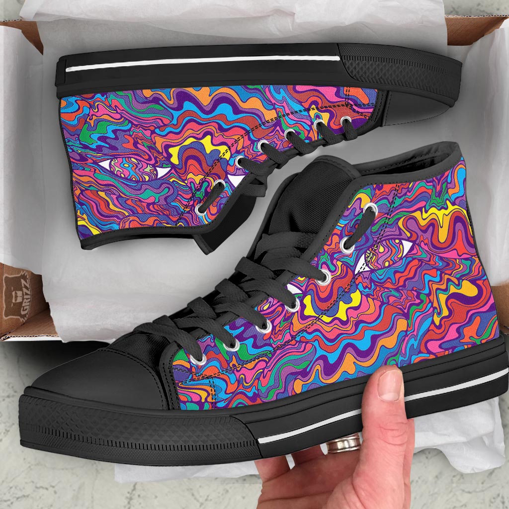 Rave Trippy Print Black High Top Shoes-grizzshop