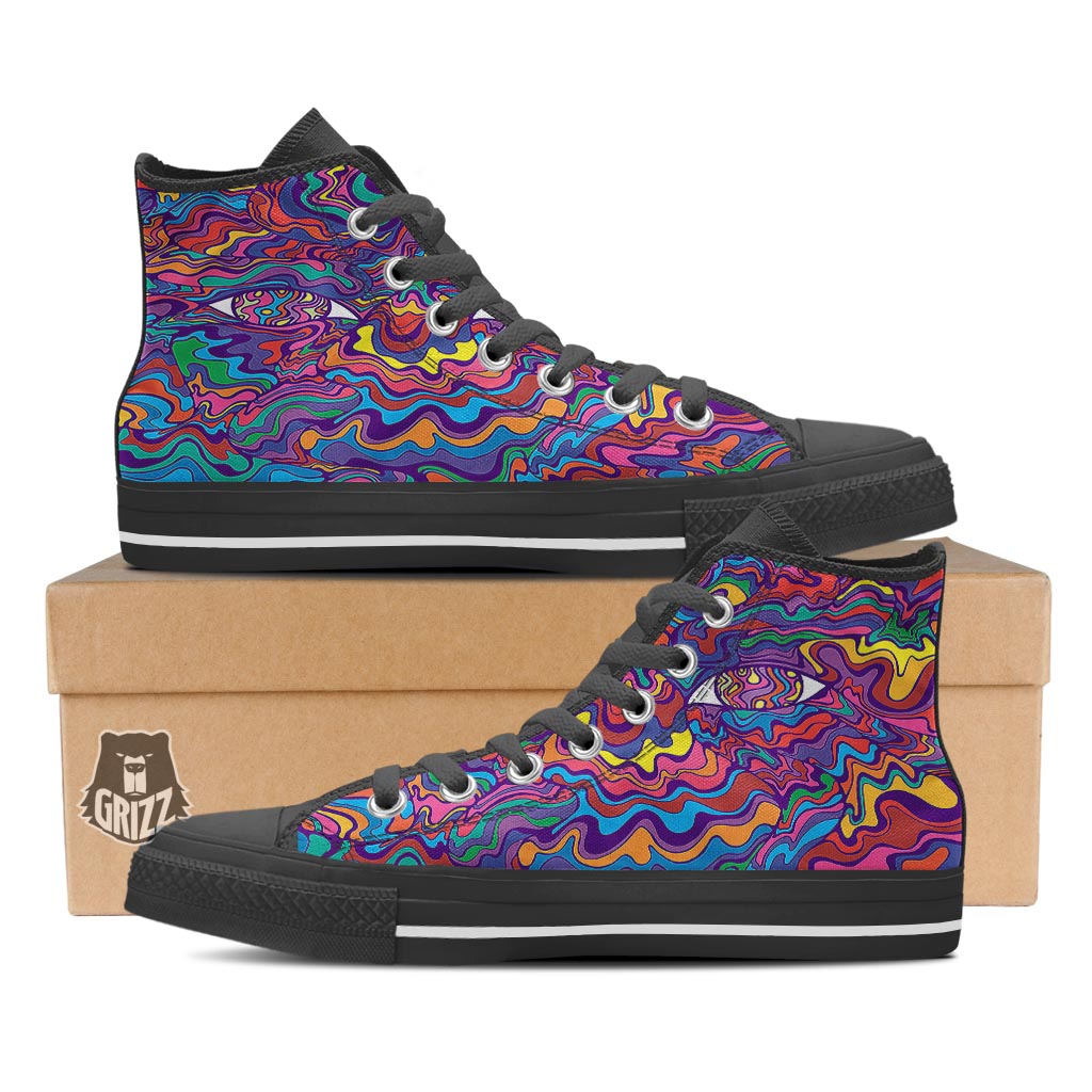 Rave Trippy Print Black High Top Shoes-grizzshop