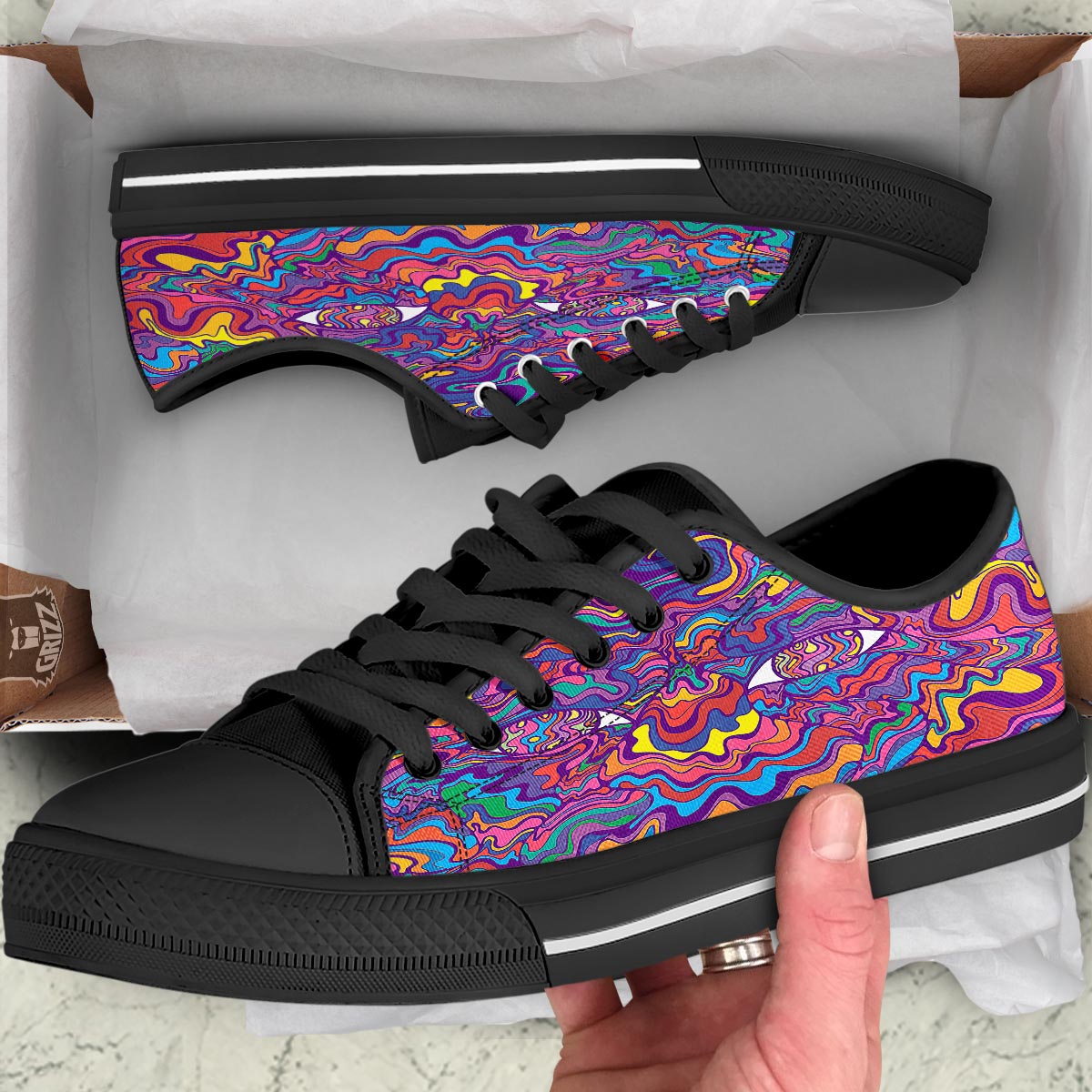 Rave Trippy Print Black Low Top Shoes-grizzshop
