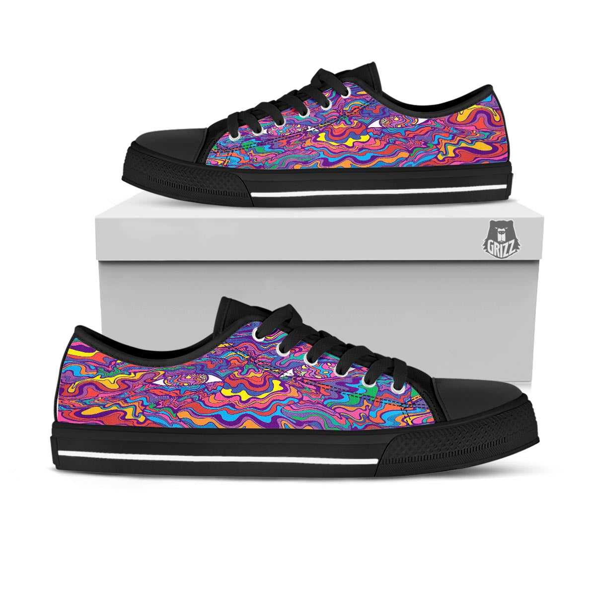 Rave Trippy Print Black Low Top Shoes-grizzshop