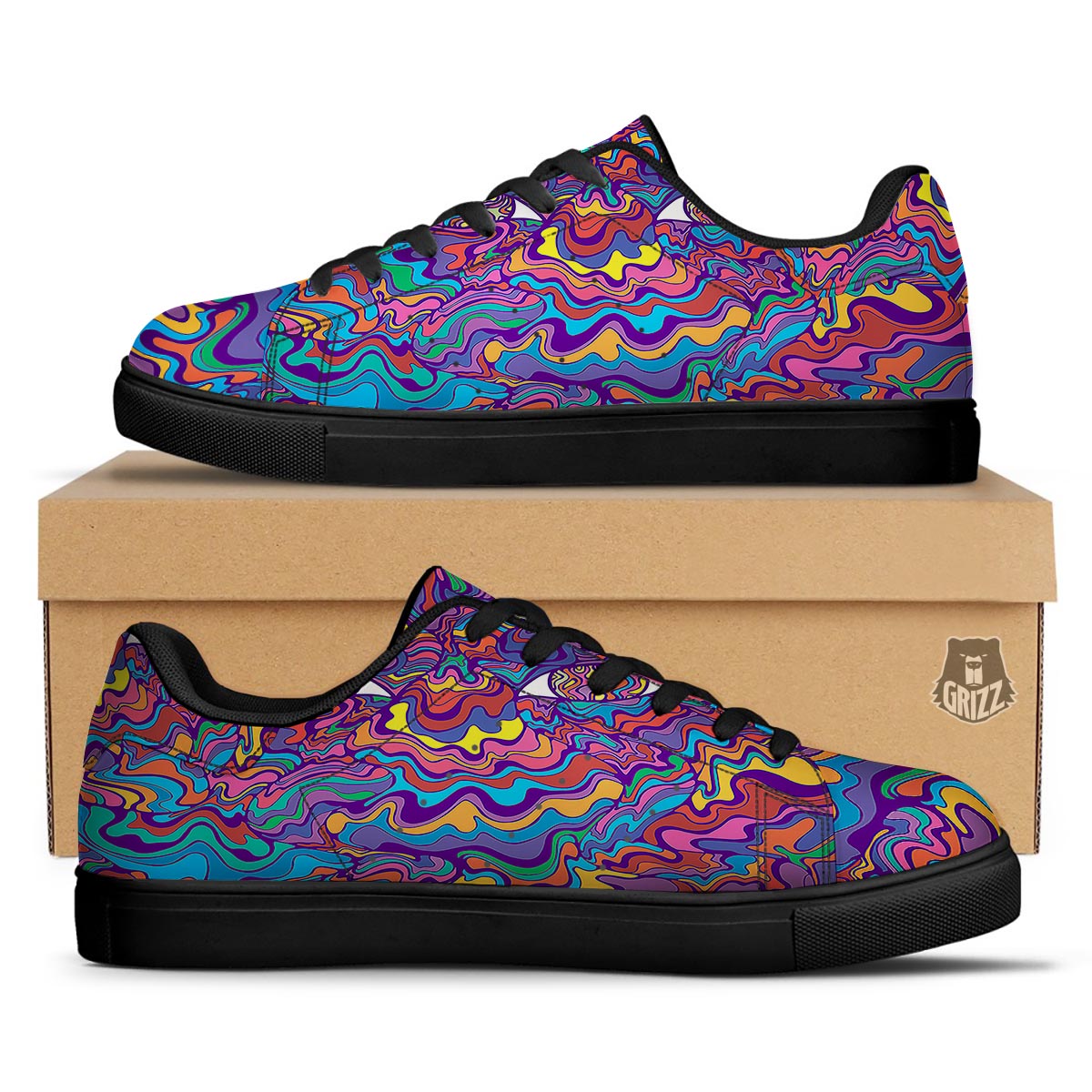 Rave Trippy Print Black Low Top Sneakers-grizzshop