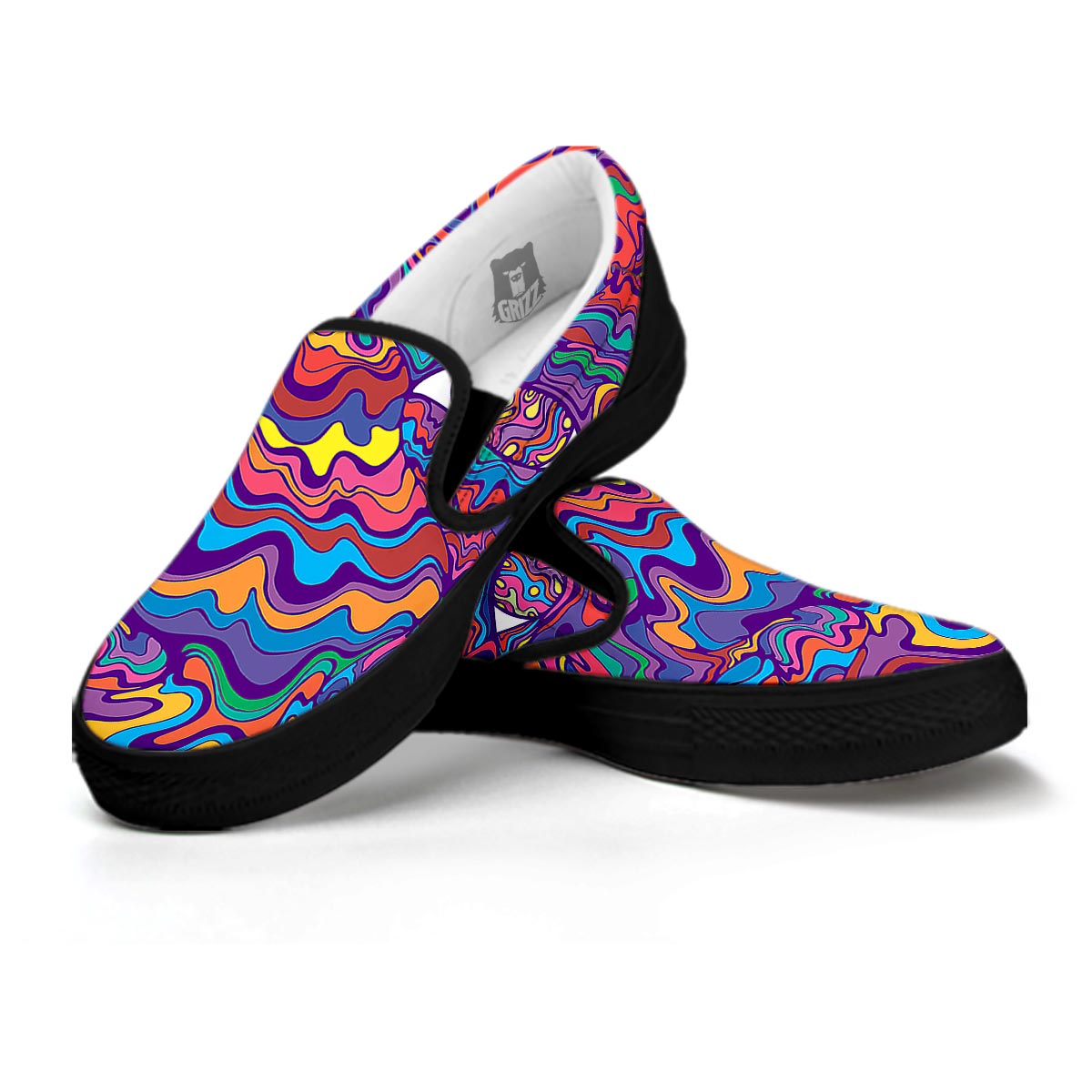 Rave Trippy Print Black Slip On Shoes-grizzshop