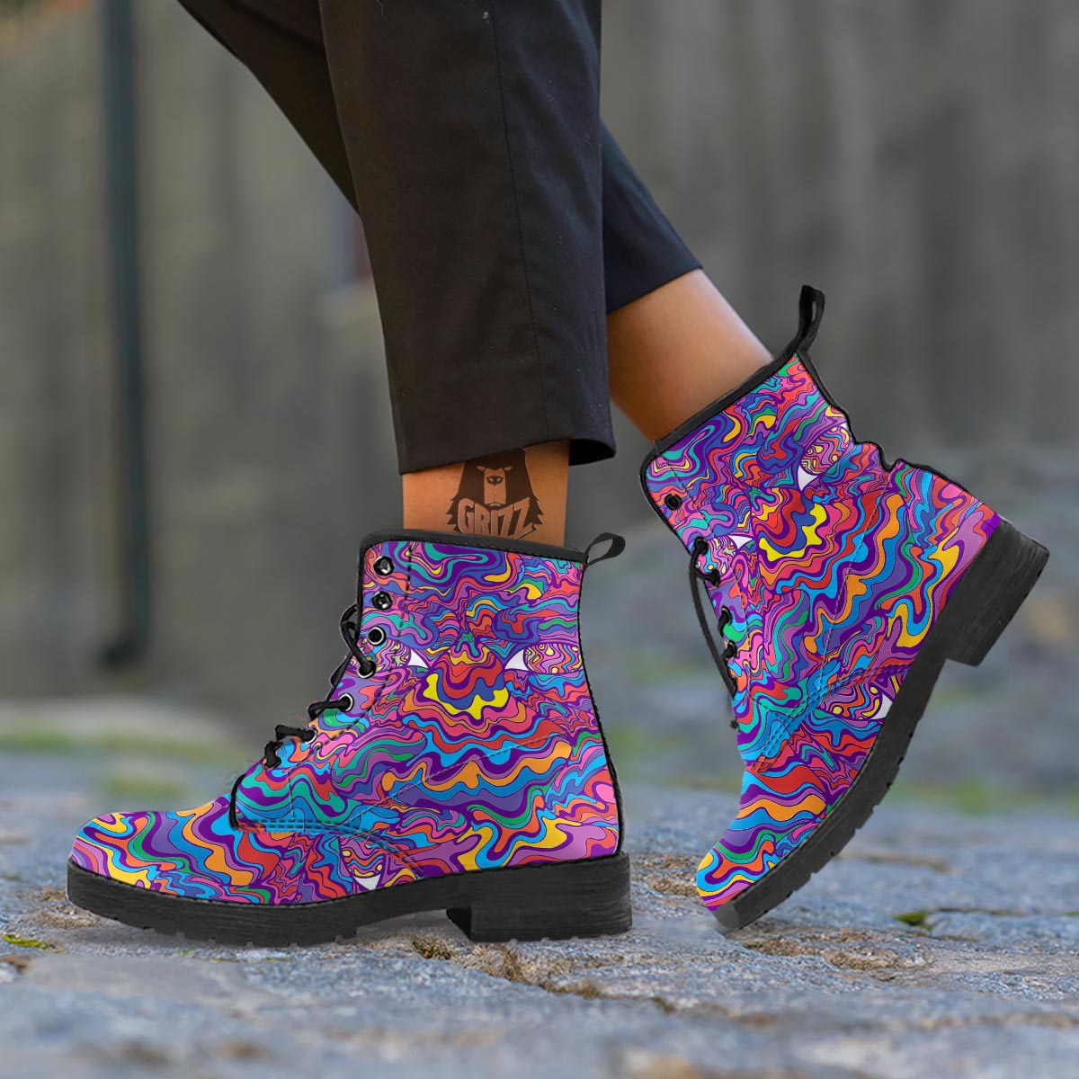 Rave Trippy Print Leather Boots-grizzshop