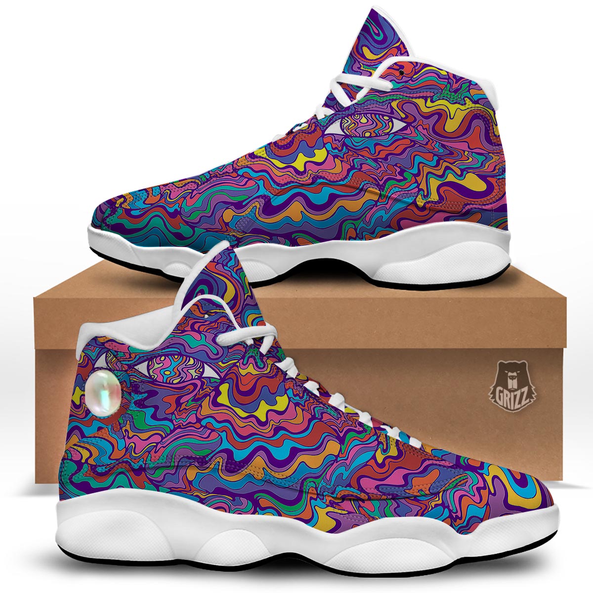 Rave Trippy Print White Basketball Shoes-grizzshop