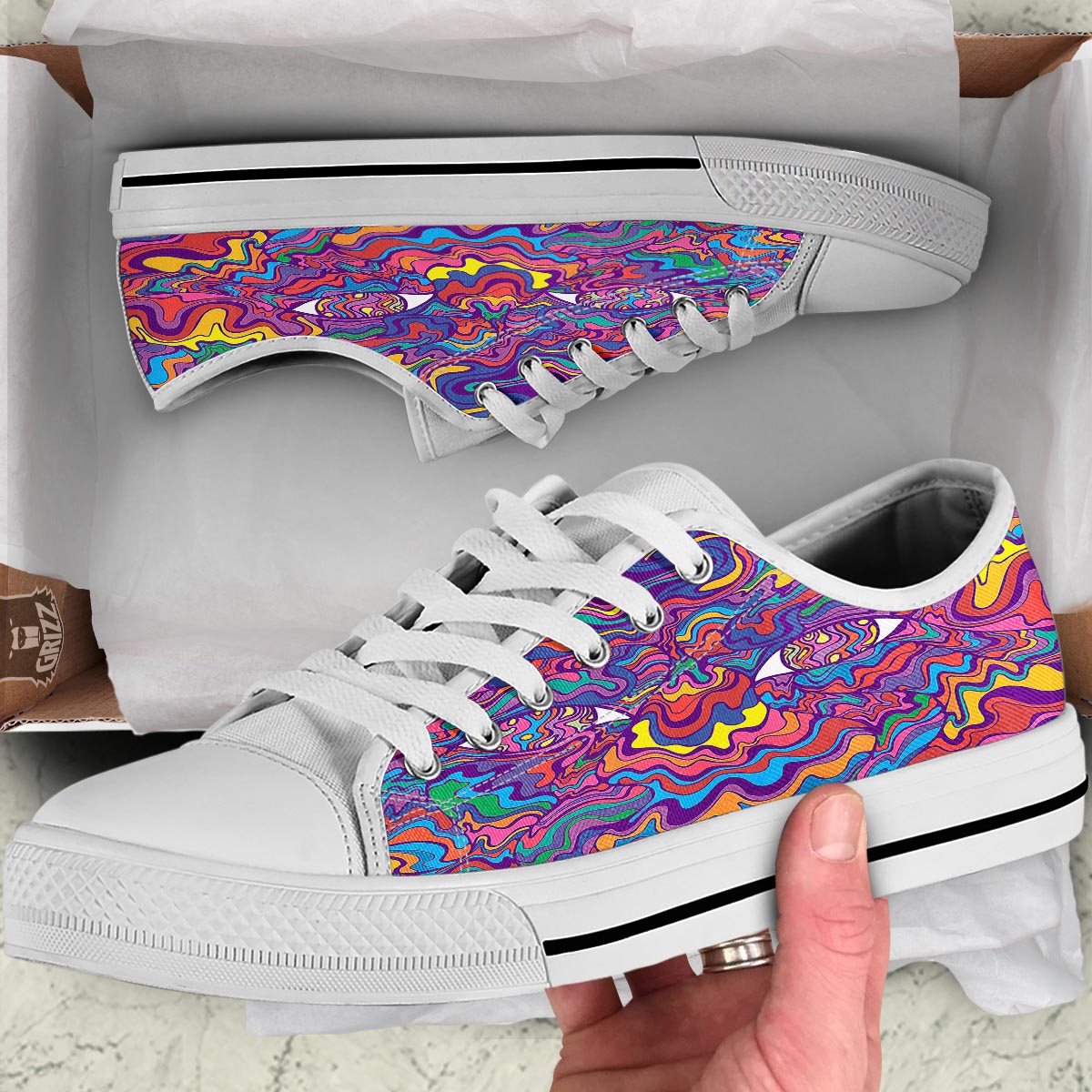 Rave Trippy Print White Low Top Shoes-grizzshop