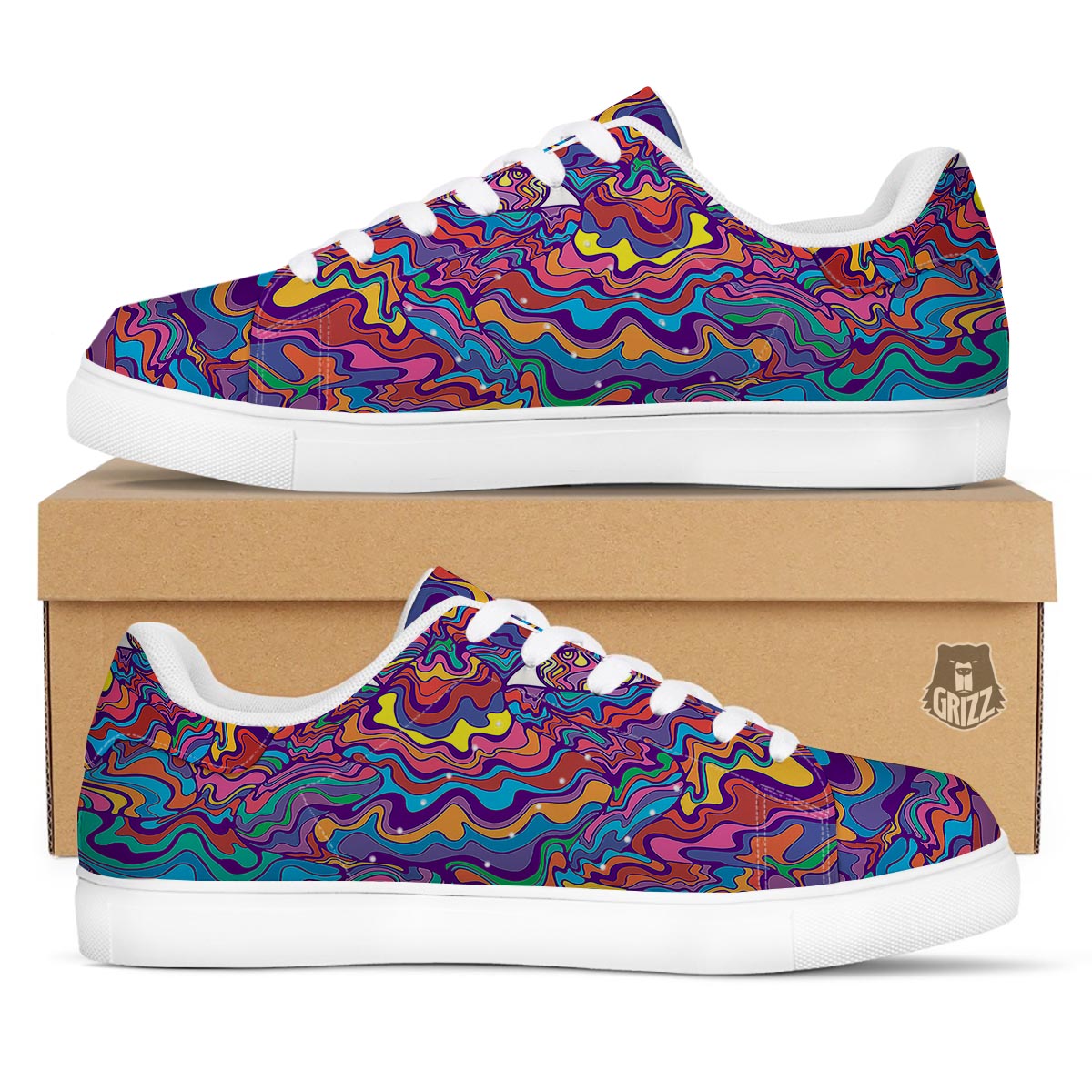Rave Trippy Print White Low Top Sneakers-grizzshop