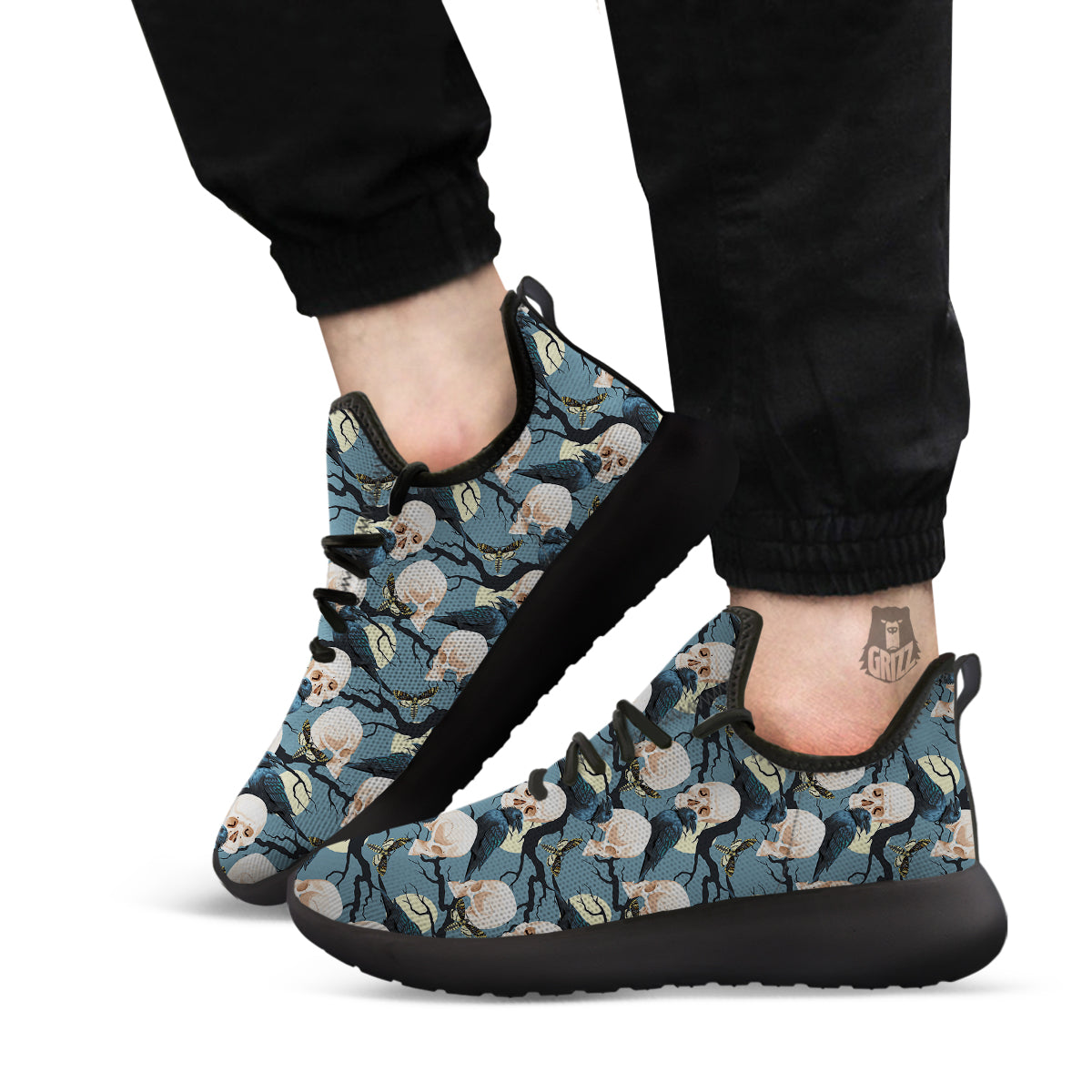 Raven Skull Print Pattern Black Athletic Shoes-grizzshop