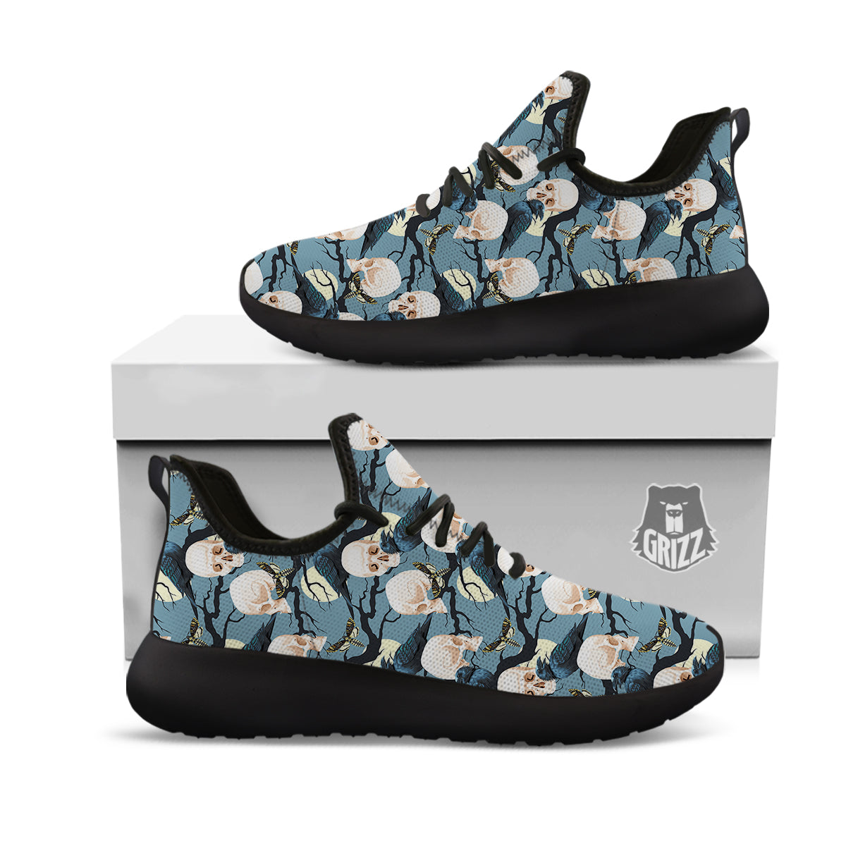 Raven Skull Print Pattern Black Athletic Shoes-grizzshop