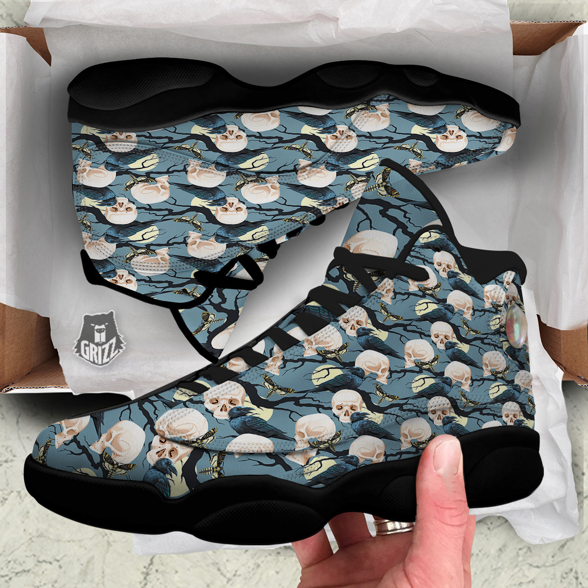 Raven Skull Print Pattern Black Basketball Shoes-grizzshop