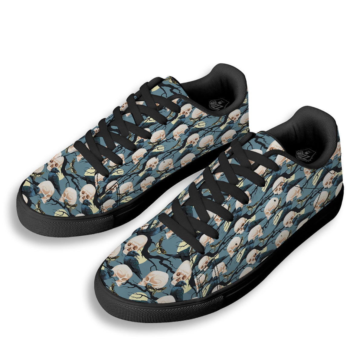 Raven Skull Print Pattern Black Low Top Sneakers-grizzshop