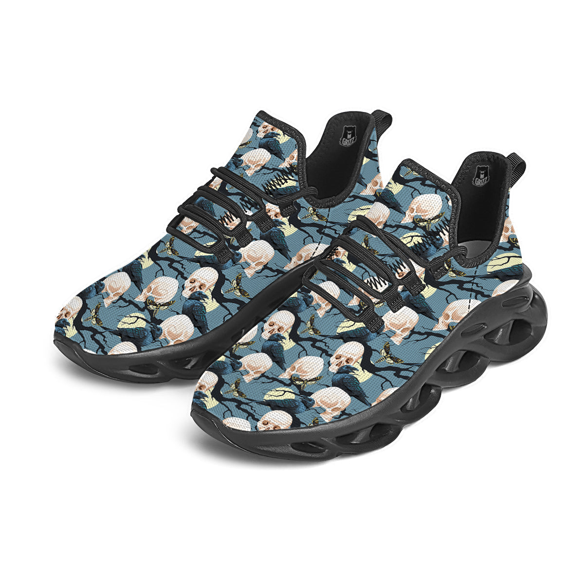 Raven Skull Print Pattern Black Running Shoes-grizzshop
