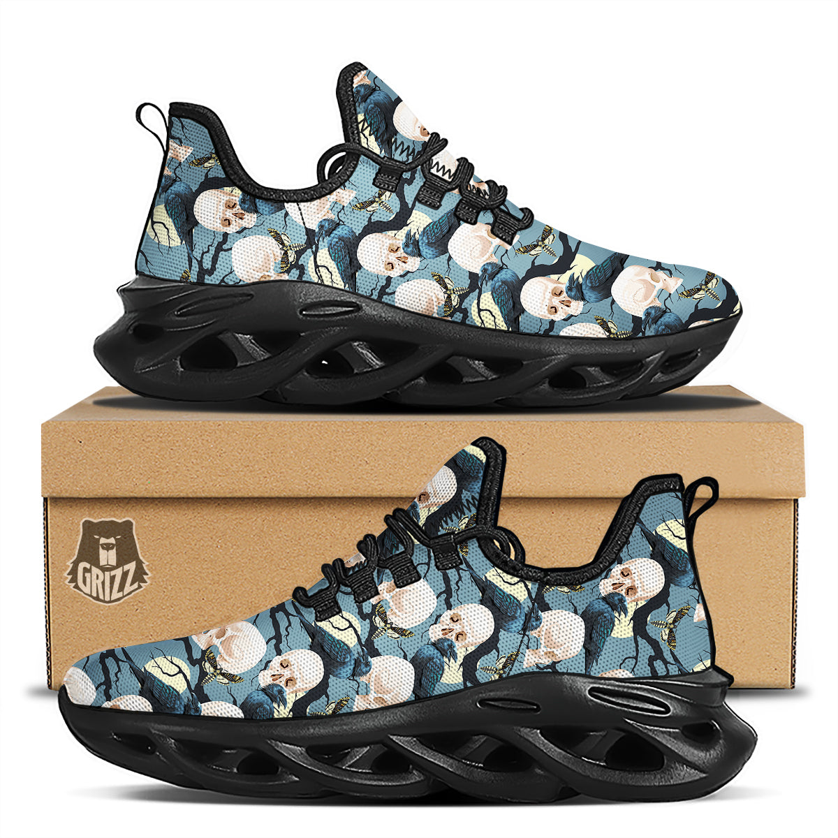 Raven Skull Print Pattern Black Running Shoes-grizzshop