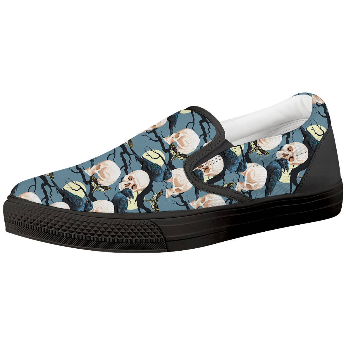 Raven Skull Print Pattern Black Slip On Shoes-grizzshop