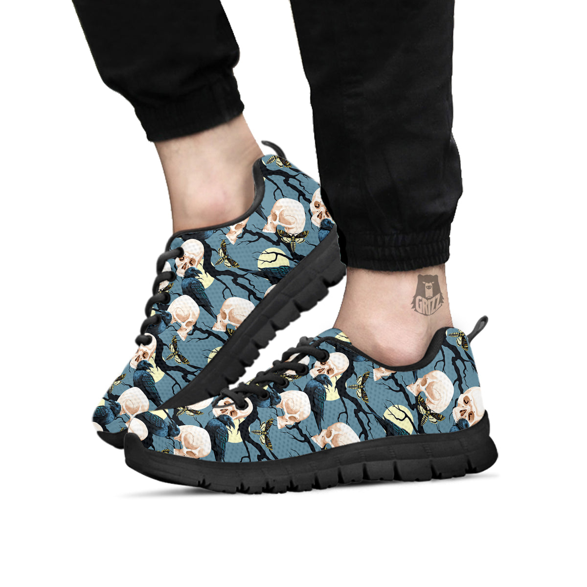 Raven Skull Print Pattern Black Sneaker-grizzshop