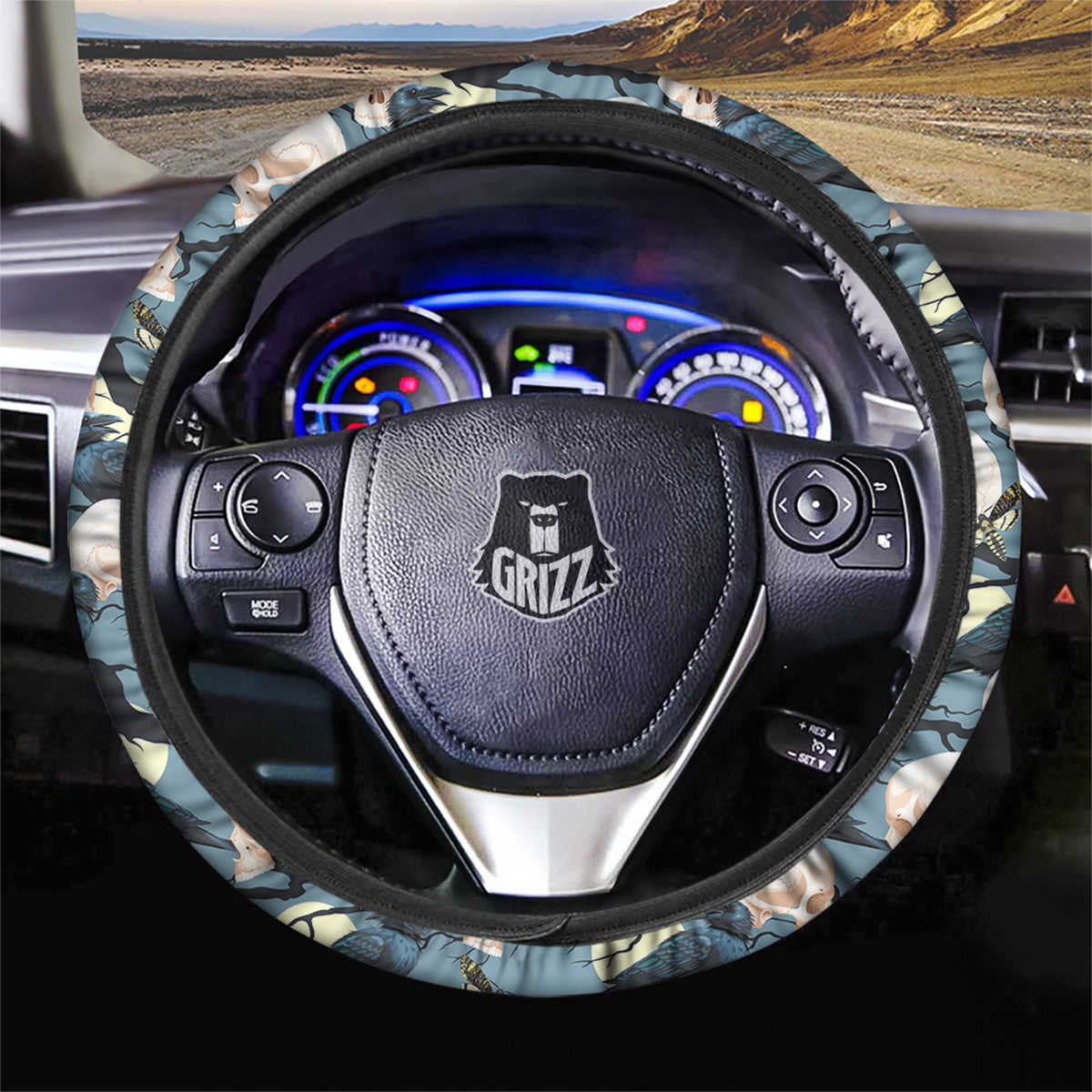 Raven Skull Print Pattern Car Steering Wheel Cover-grizzshop
