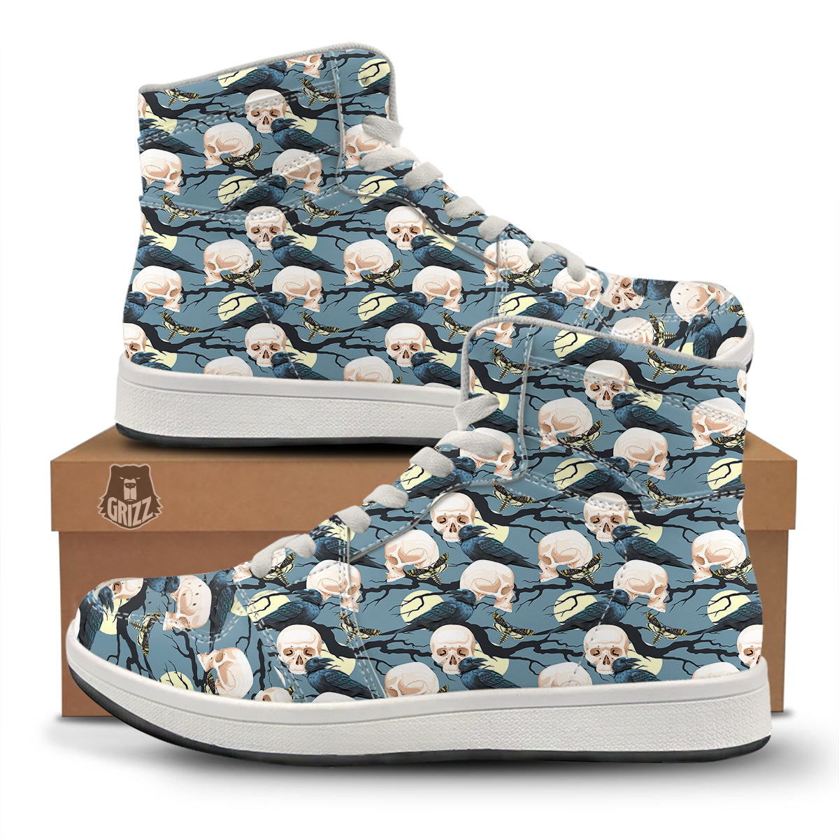 Raven Skull Print Pattern High Top Sneakers-grizzshop