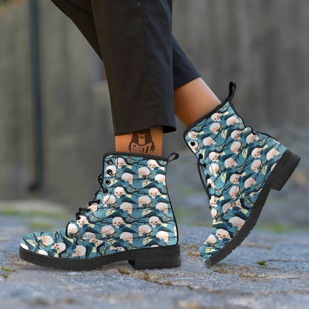 Raven Skull Print Pattern Leather Boots-grizzshop