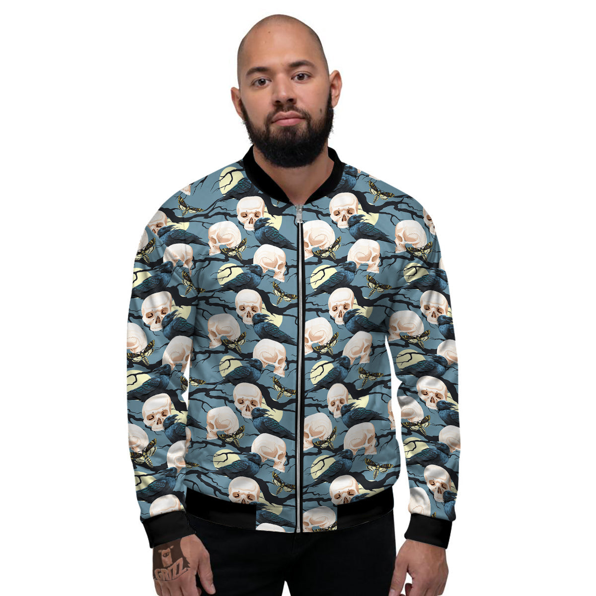 Raven Skull Print Pattern Men's Bomber Jacket-grizzshop