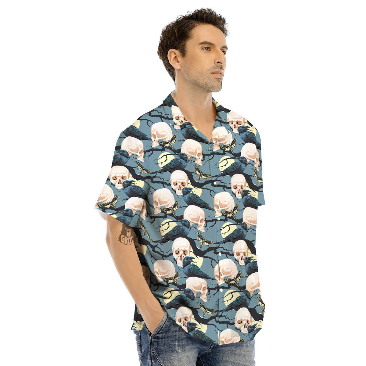 Raven Skull Print Pattern Men's Hawaiian Shirt-grizzshop