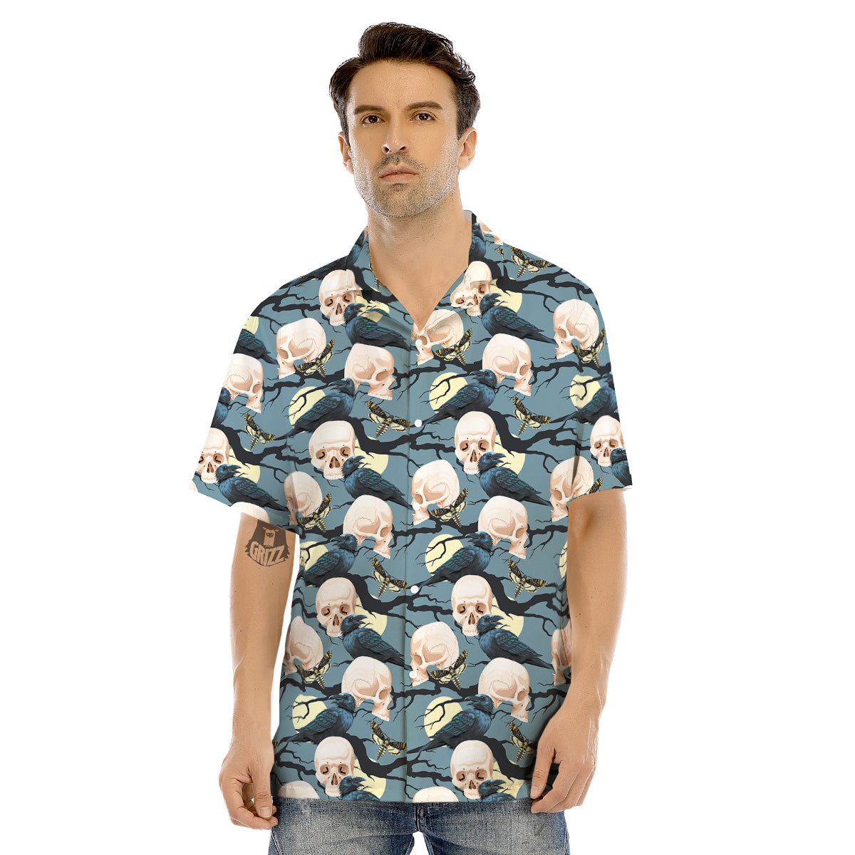 Raven Skull Print Pattern Men's Hawaiian Shirt-grizzshop