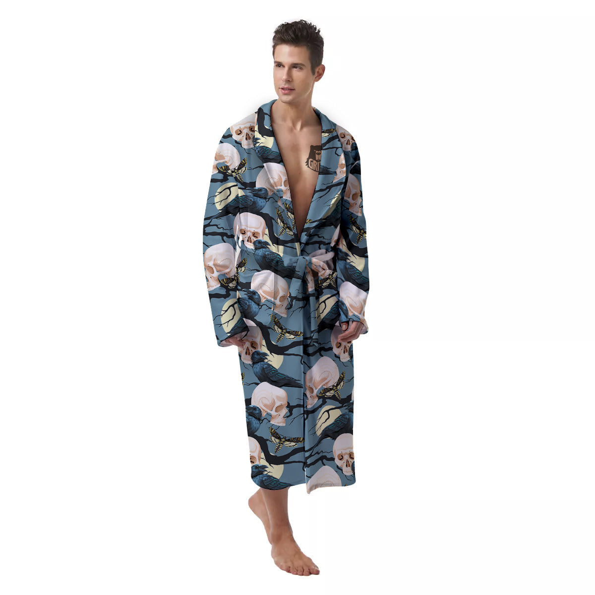 Raven Skull Print Pattern Men's Robe-grizzshop