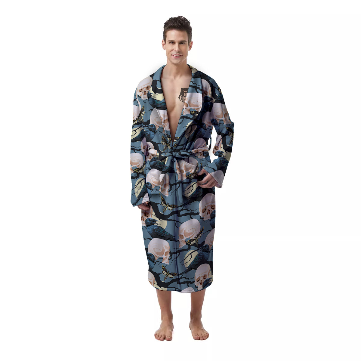 Raven Skull Print Pattern Men's Robe-grizzshop
