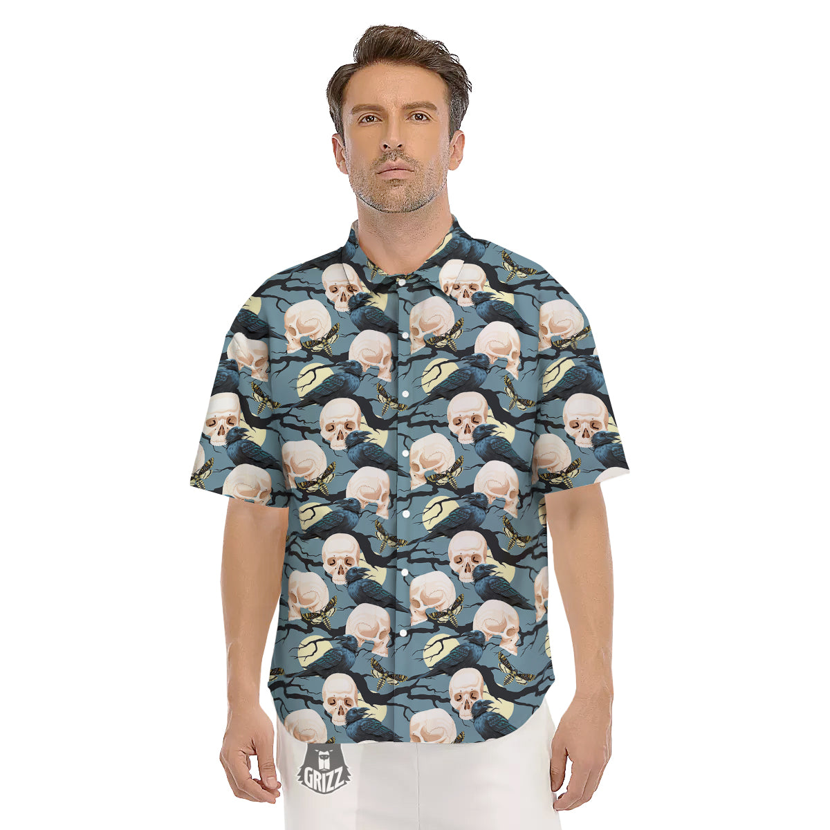 Raven Skull Print Pattern Men's Short Sleeve Shirts-grizzshop
