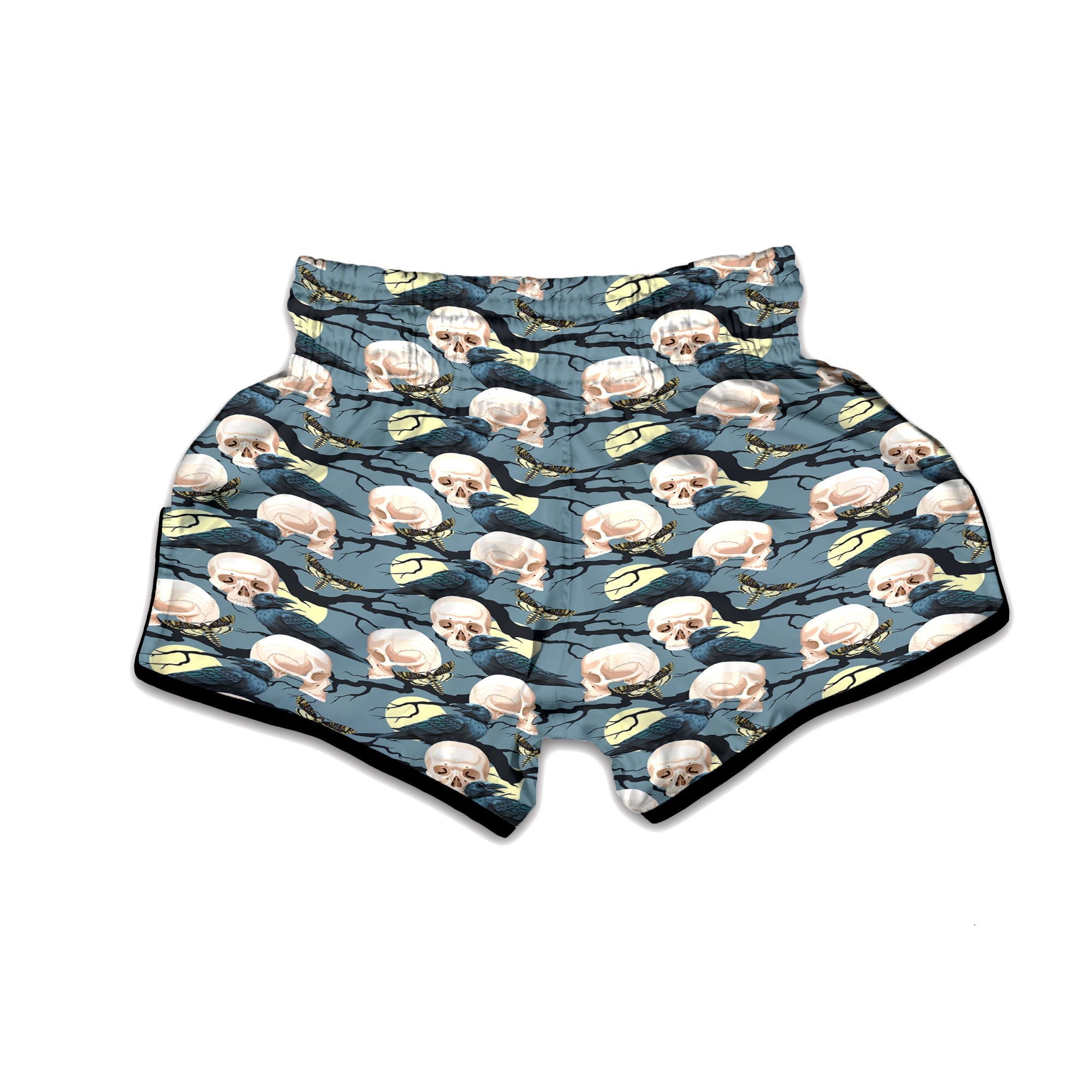 Raven Skull Print Pattern Muay Thai Boxing Shorts-grizzshop