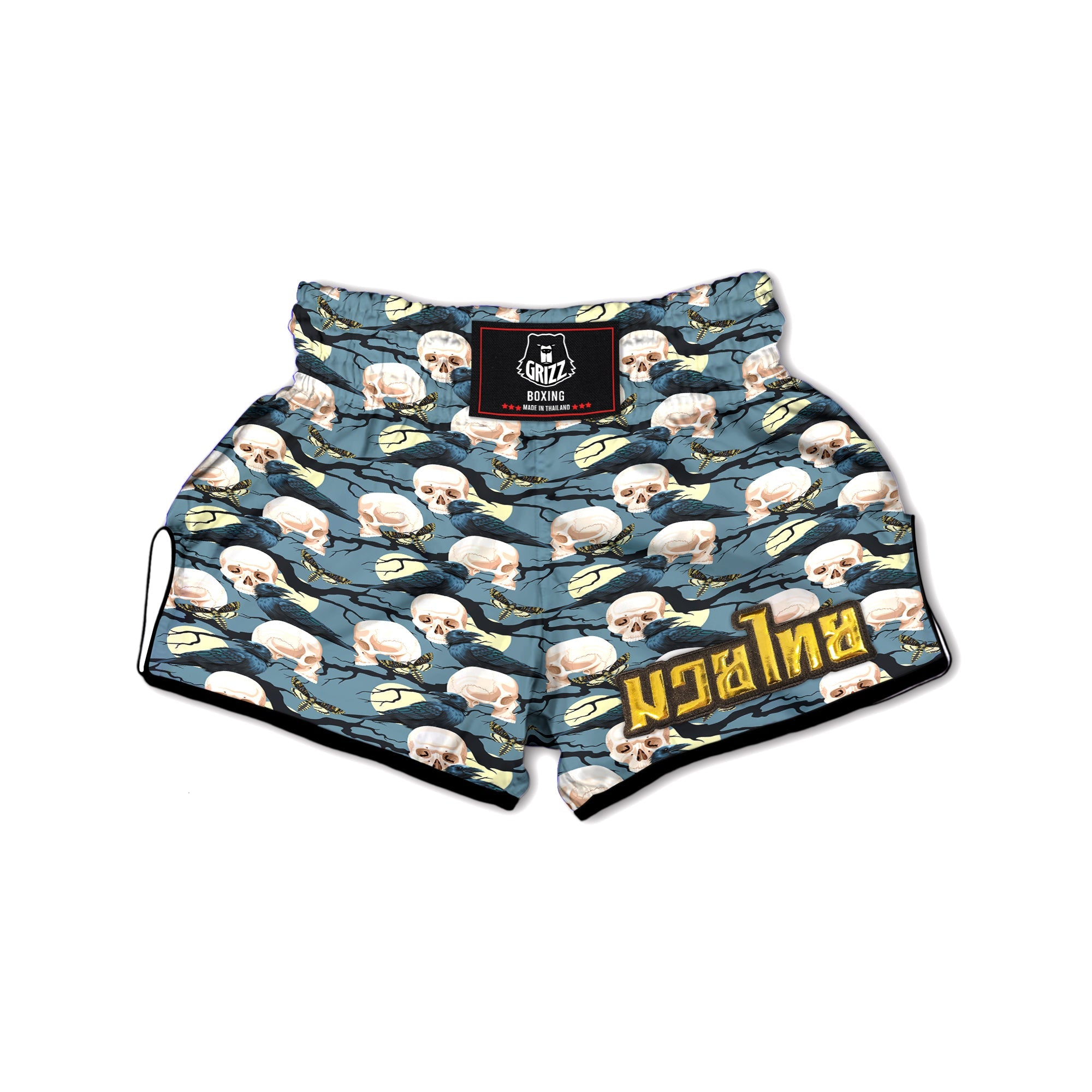 Raven Skull Print Pattern Muay Thai Boxing Shorts-grizzshop