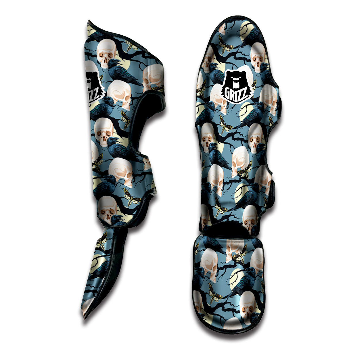 Raven Skull Print Pattern Muay Thai Shin Guards-grizzshop