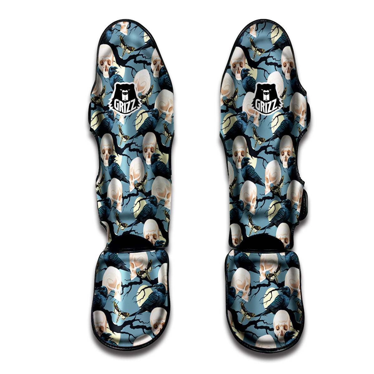 Raven Skull Print Pattern Muay Thai Shin Guards-grizzshop