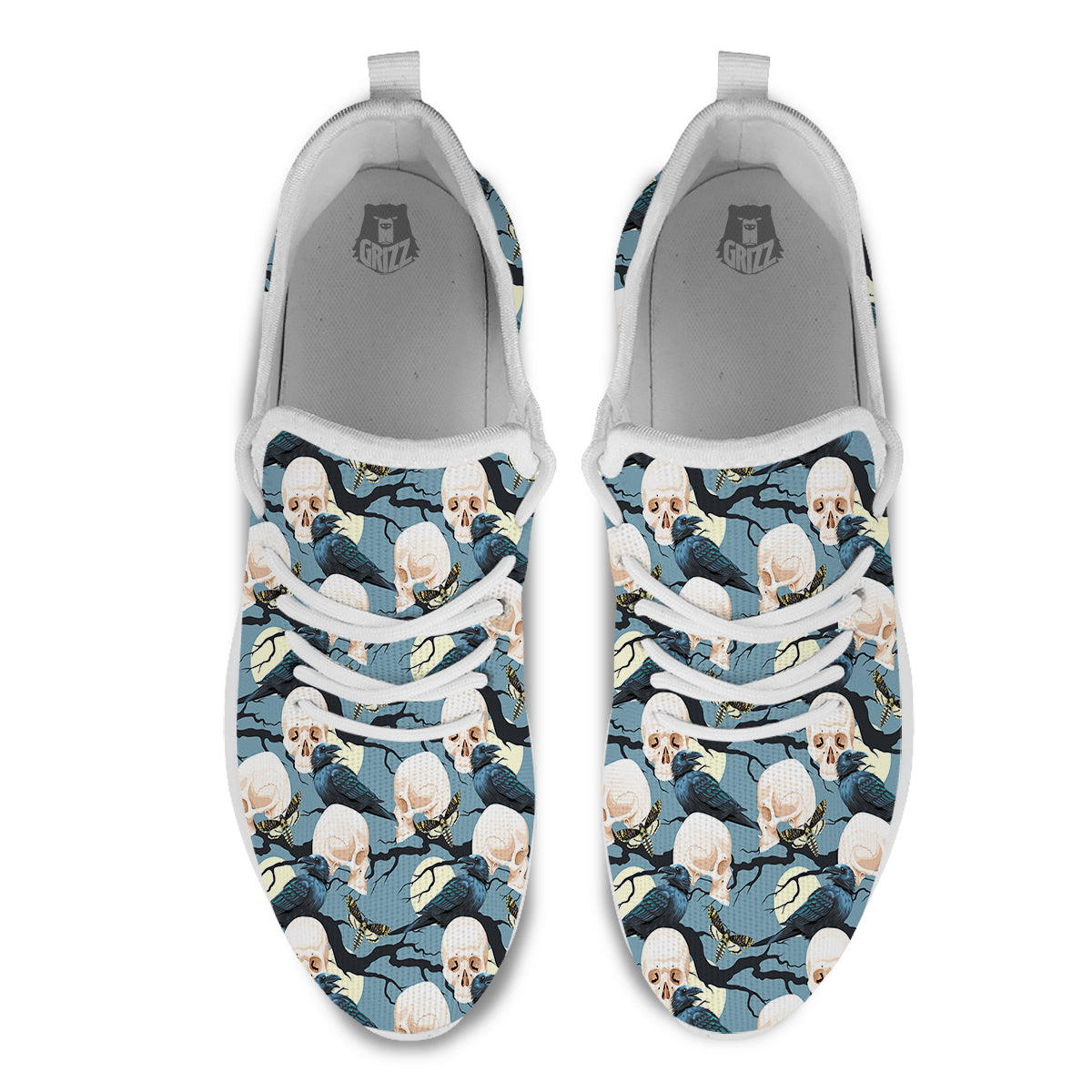 Raven Skull Print Pattern White Athletic Shoes-grizzshop