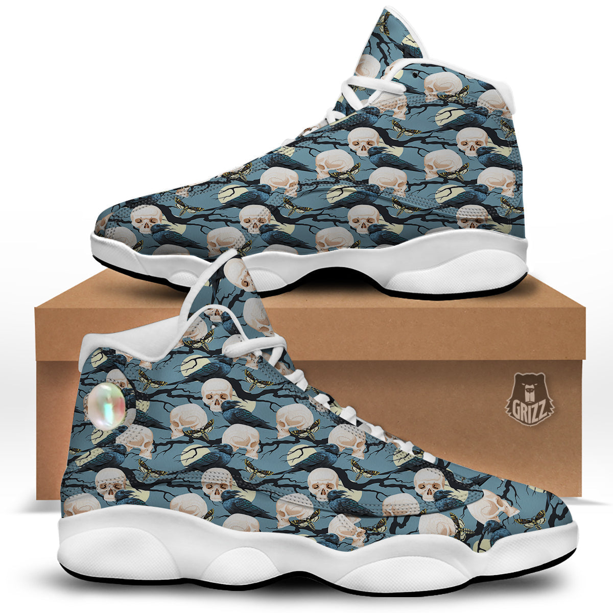 Raven Skull Print Pattern White Basketball Shoes-grizzshop