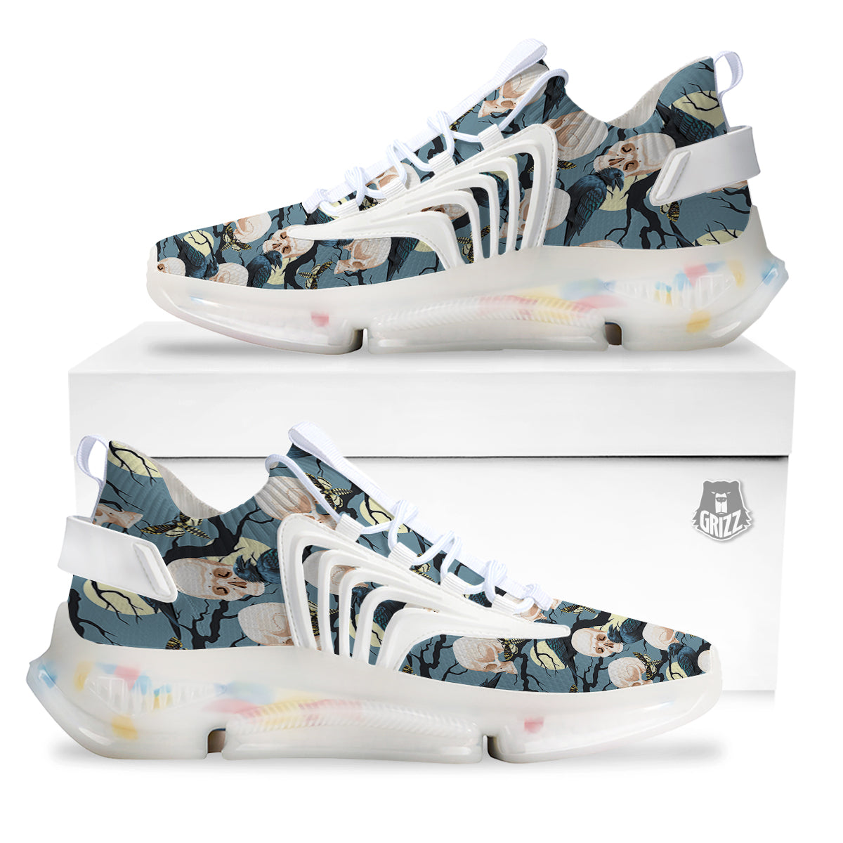 Raven Skull Print Pattern White Gym Shoes-grizzshop