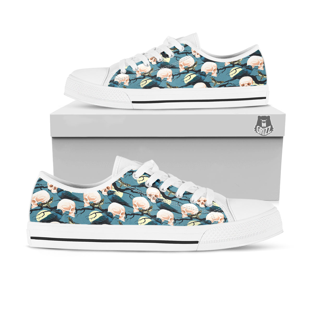 Raven Skull Print Pattern White Low Top Shoes-grizzshop