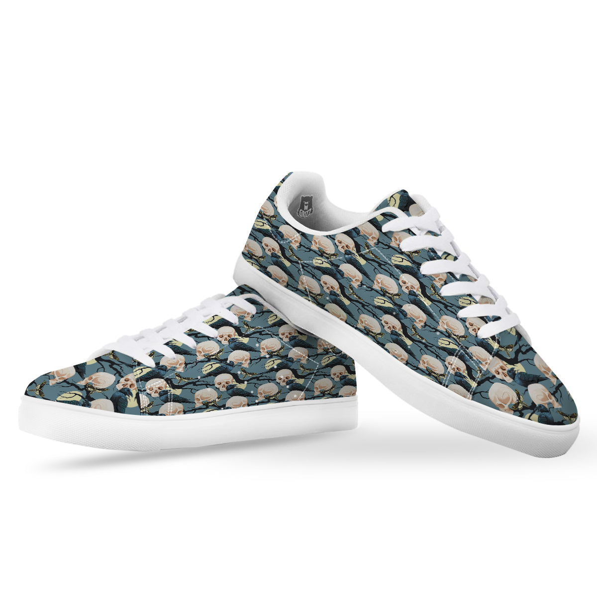 Raven Skull Print Pattern White Low Top Sneakers-grizzshop