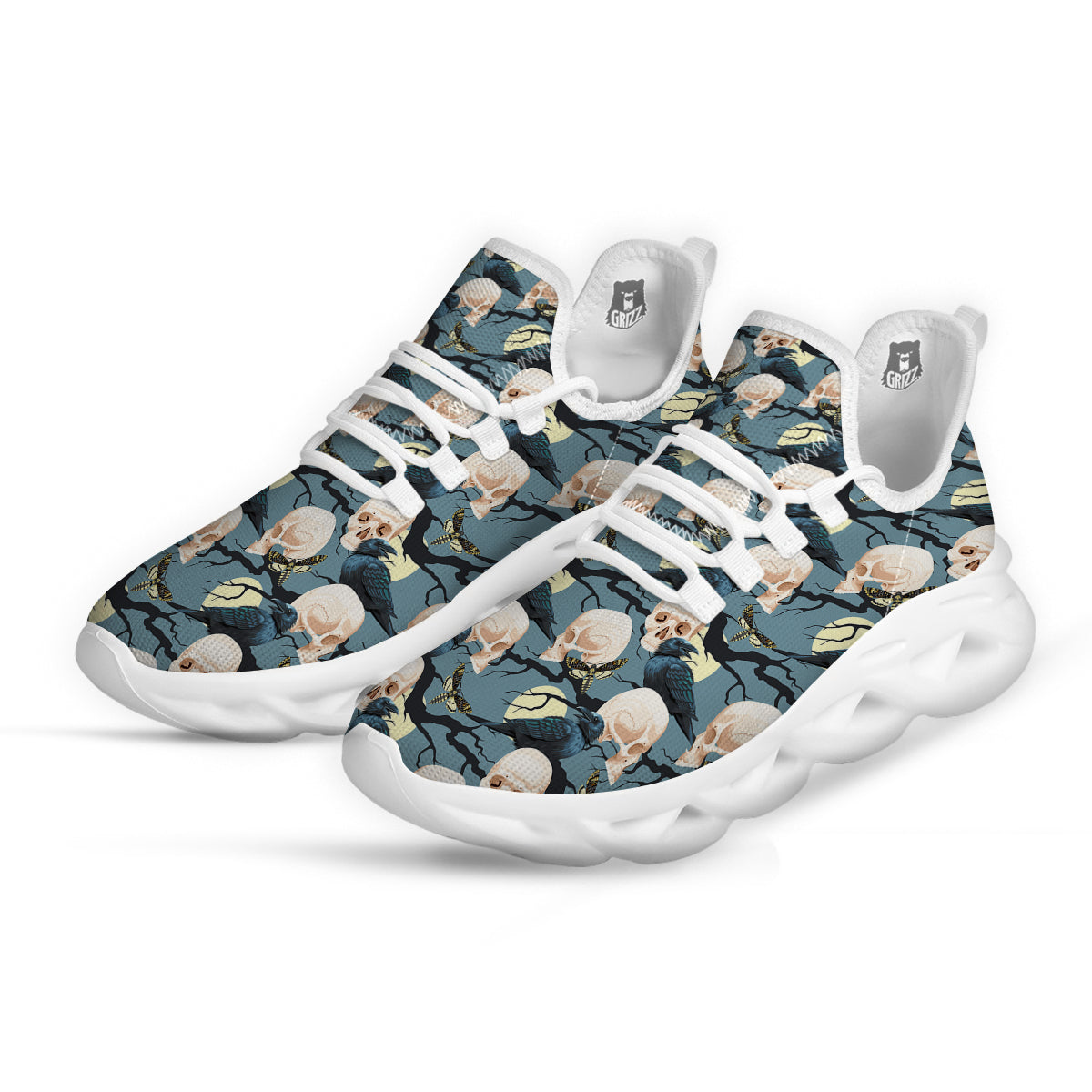 Raven Skull Print Pattern White Running Shoes-grizzshop