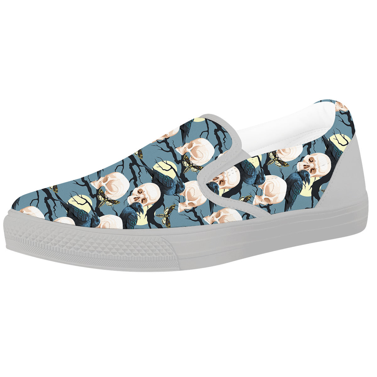 Raven Skull Print Pattern White Slip On Shoes-grizzshop