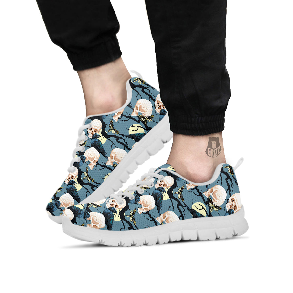 Raven Skull Print Pattern White Sneaker-grizzshop