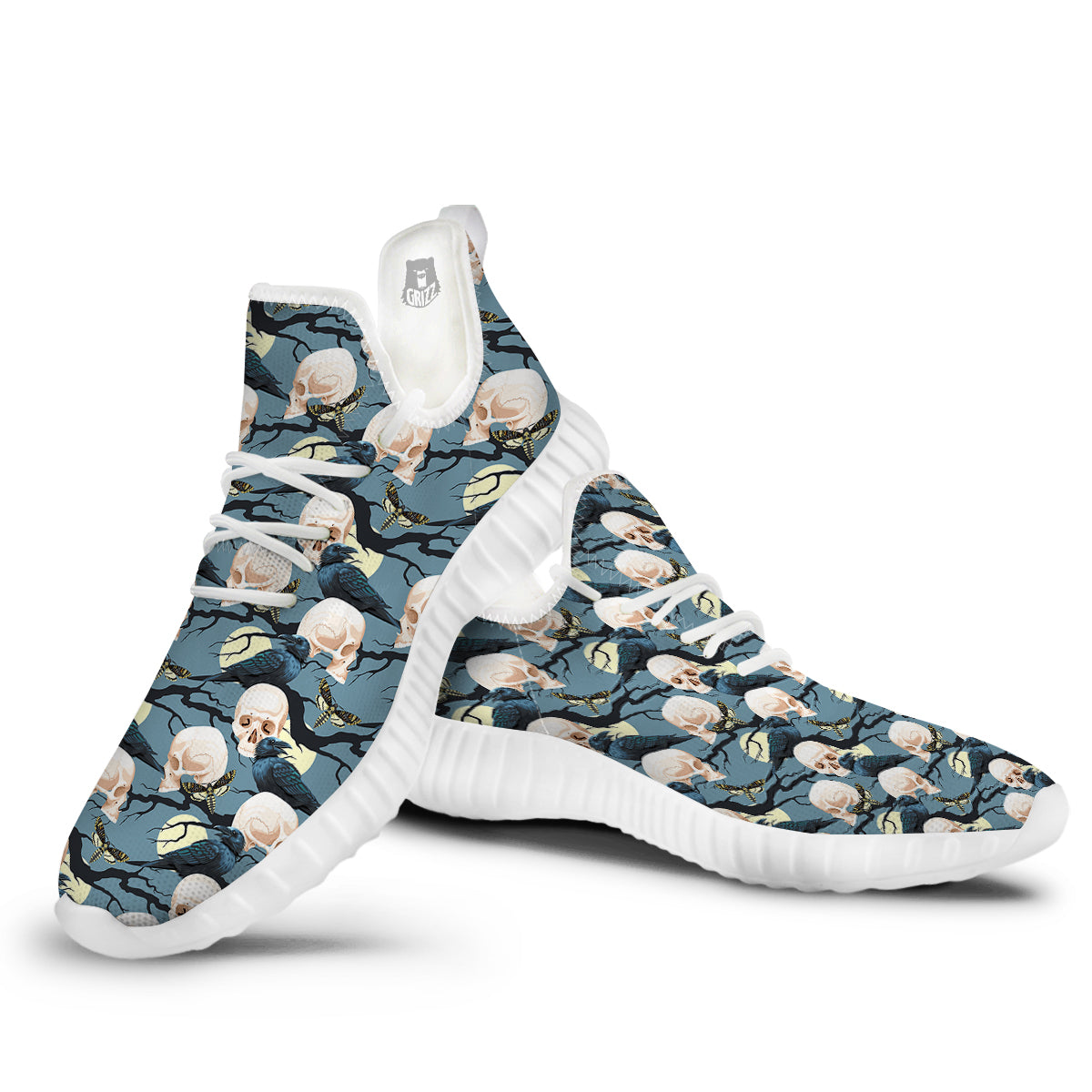 Raven Skull Print Pattern White Walking Shoes-grizzshop