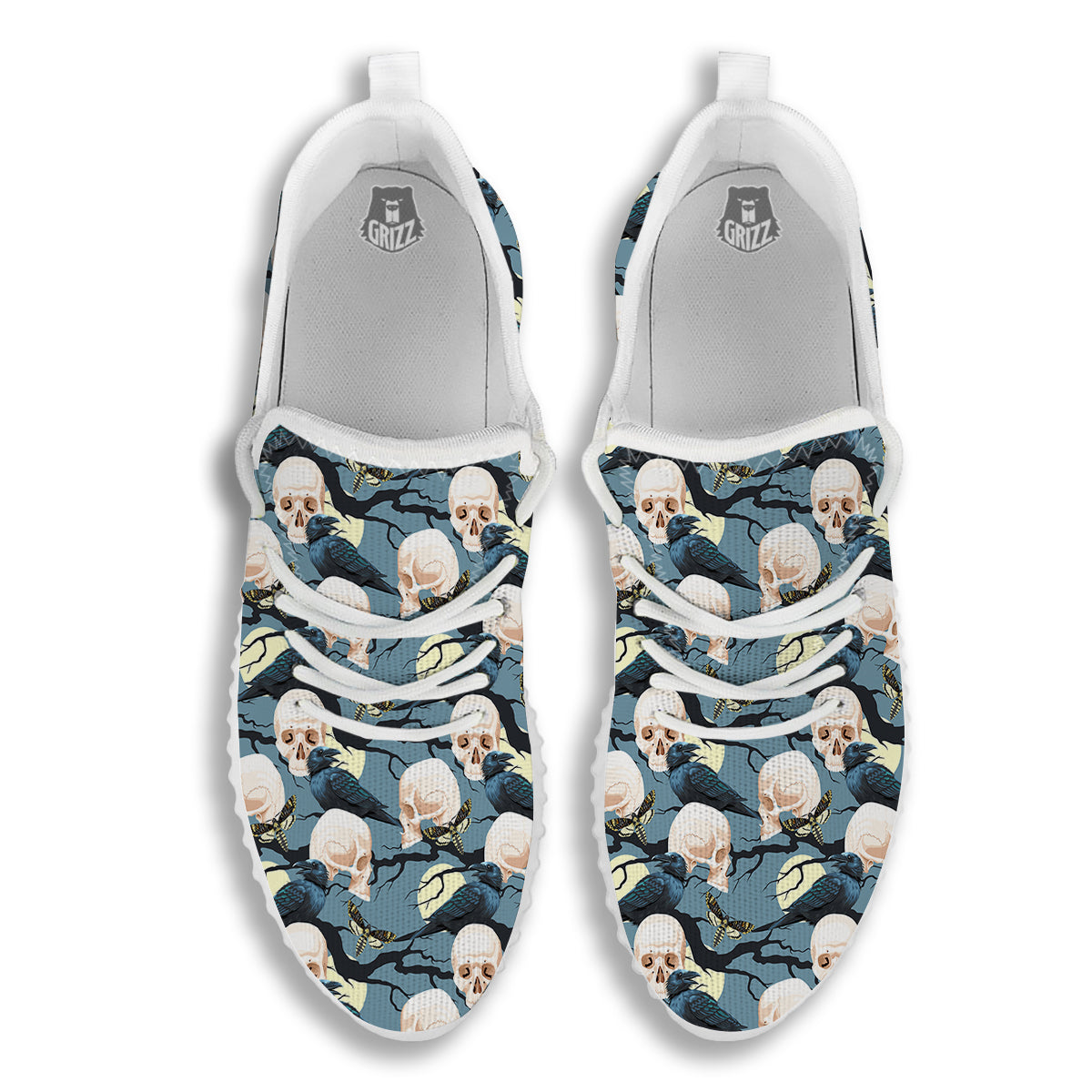Raven Skull Print Pattern White Walking Shoes-grizzshop