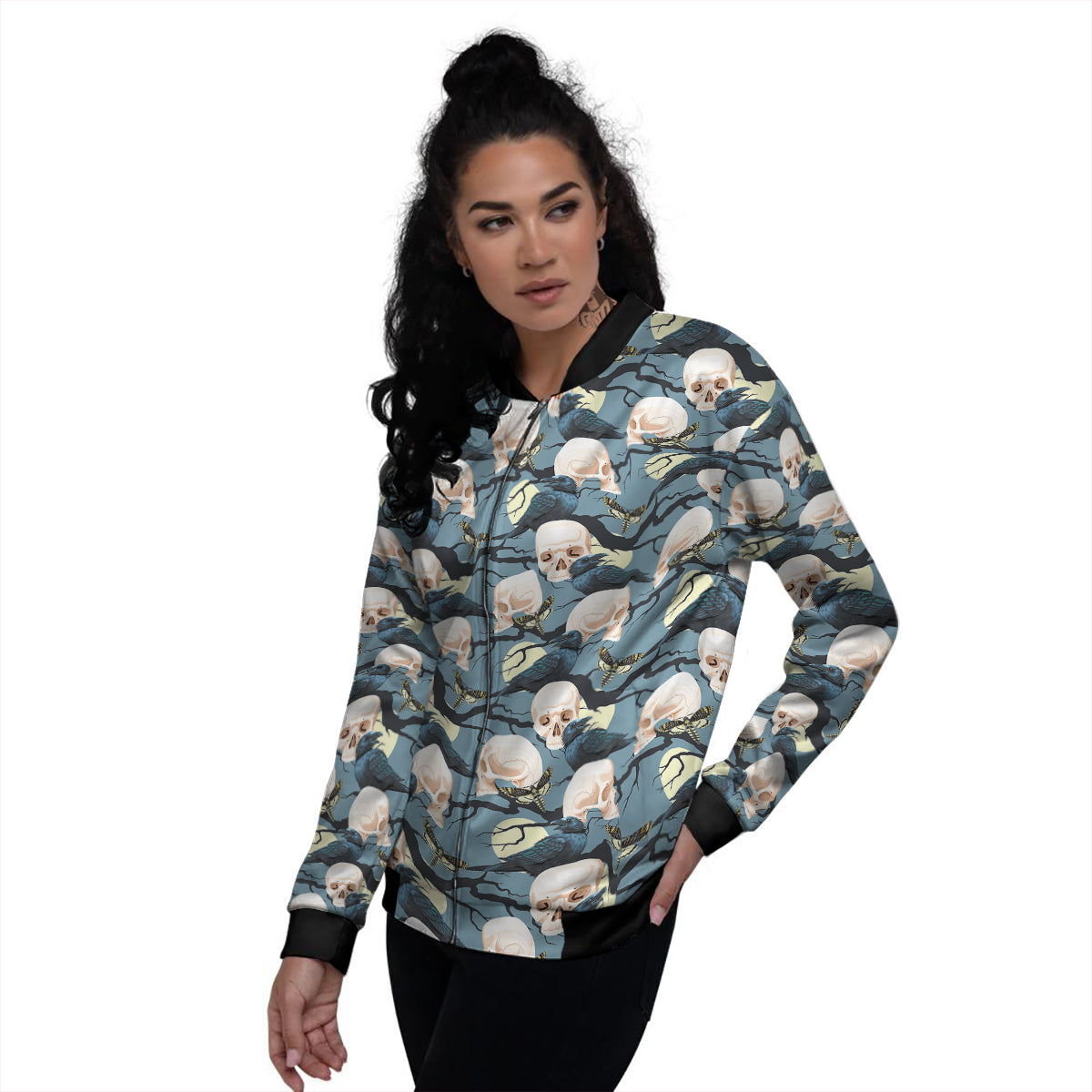 Raven Skull Print Pattern Women's Bomber Jacket-grizzshop